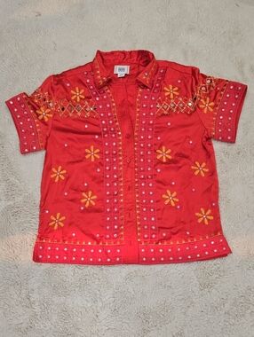 BDG Red Short-Sleeve Embroidered Button-Down Shirt